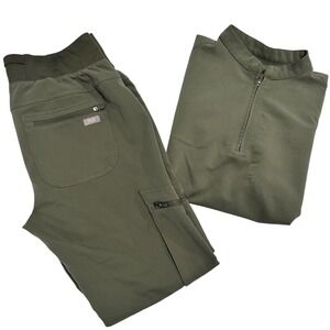 FIGS Women XS Olive Green Scrub Set Nata Zip Henley Top Kuaro Cargo Pants